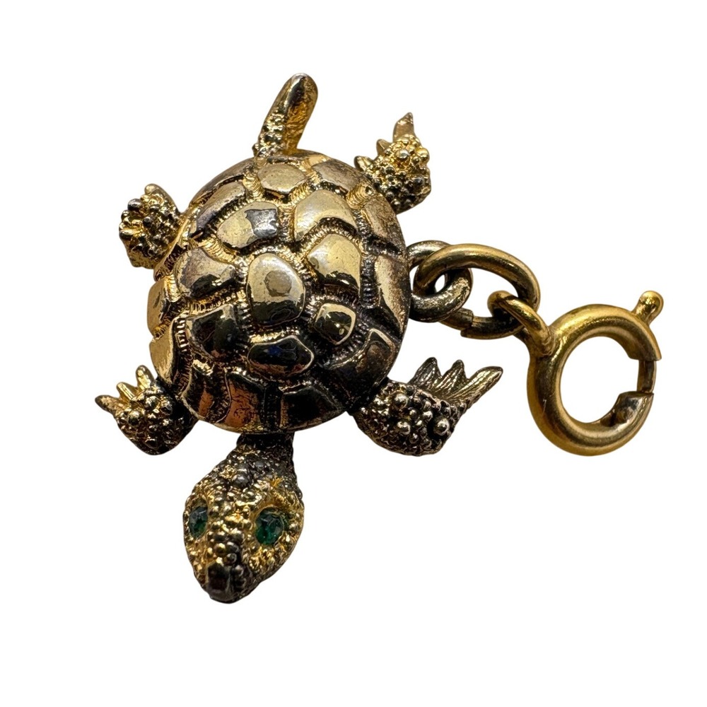 Vintage Monet Gold Tone Articulated Turtle Charm Green Eyes Moving Head